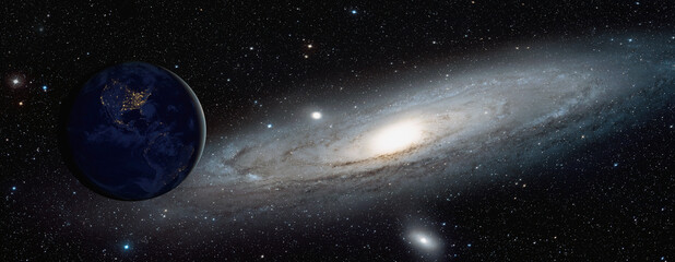 De weergave van de planeet aarde vanuit de ruimte met de Andromeda Galaxy (Messier 31) &quot Elementen van dit beeld geleverd door NASA&quot  van de kosmische walvis