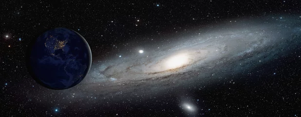 Fotobehang De weergave van de planeet aarde vanuit de ruimte met de Andromeda Galaxy (Messier 31) &quot Elementen van dit beeld geleverd door NASA&quot  van de kosmische walvis © muratart
