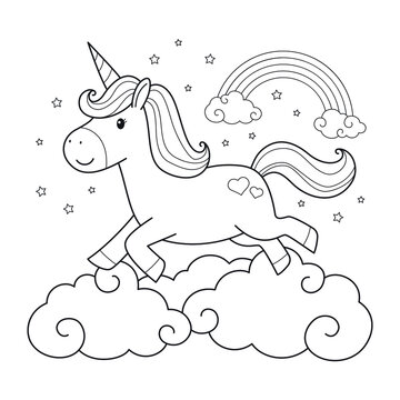 Cute unicorn running on the clouds, Cartoon linear style coloring page, Isolated on white background, Vector Illustration