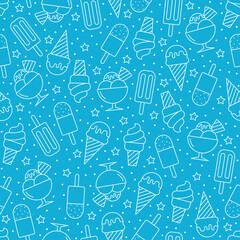 Ice cream seamless pattern on blue background, Simple outline flat design for decorative or gift wrapping paper, Vector illustration