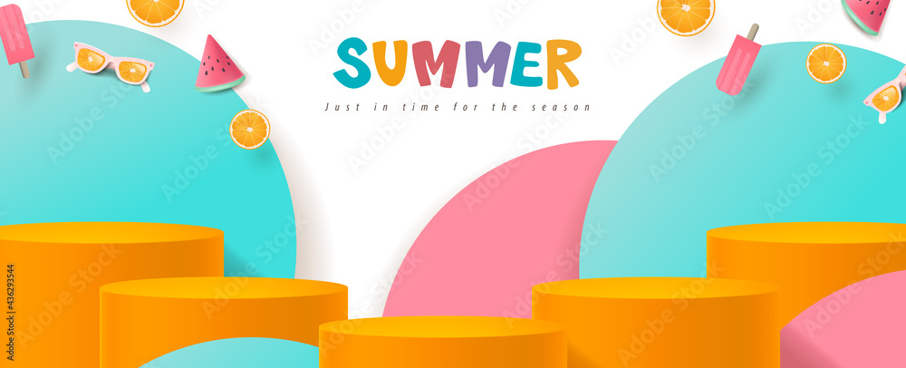 Wall mural colorful summer sale banner with product display cylindrical shape