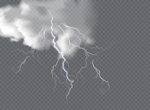 Vector realistic dark stormy sky with clouds, heavy rain and lightning strikes.