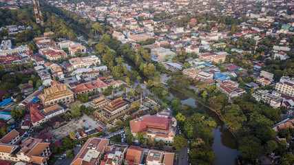 Aerial drone photograph of city of Siem Reap in Cambodia.