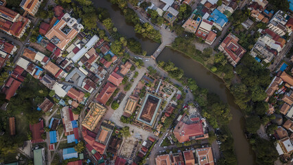 Aerial drone photograph of city of Siem Reap in Cambodia.