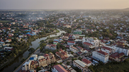 Aerial drone photograph of city of Siem Reap in Cambodia. - obrazy, fototapety, plakaty