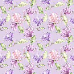 Magnolia flowers with leaves watercolor seamless pattern. Hand drawn fabric texture for textile prints.