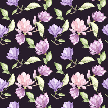 Magnolia flowers with leaves watercolor seamless pattern. Hand drawn fabric texture for textile prints.