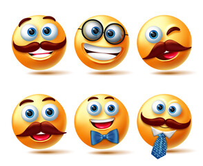 Smiley male emoticon vector set. Smileys 3d emoji man with happy facial expressions wearing elements like ribbon and neck tie for emoticons character collection design. Vector illustration
 - obrazy, fototapety, plakaty