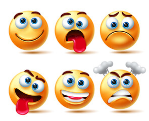 Smileys emoji vector character set. Smiley 3d emoji with expressions like crazy, happy and angry isolated in white background for emoticons characters collection design. Vector illustration
