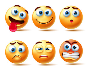 Smileys emoticon vector set. Emoji 3d emoticons isolated in white background with face like happy, sad, angry and sleepy emotion for smiley expressions collection design. Vector illustration
