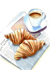 watercolor handmade drawing of morning coffee with croissants