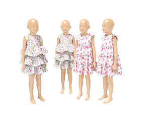 3d render baby dresses on mannequins illustration on white background no shadow