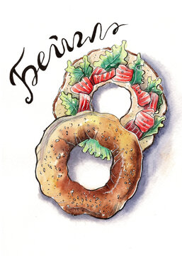 watercolor handmade drawing of bagel with salmon