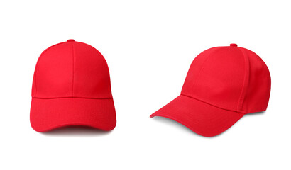 Red cap isolated on white. Sport hat set.