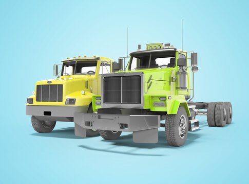 3d render group yellow and green dump truck isolated on blue background with shadow