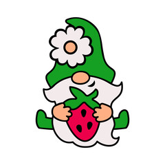 Cute gnome with strawberry on white background. Vector illustration.