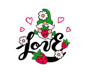 Hand drawn Love and strawberry gnome on white background. Vector illustration.