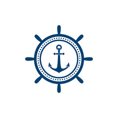 Nautical black helm and anchor label isolated on white. Ship and boat steering wheel sign.