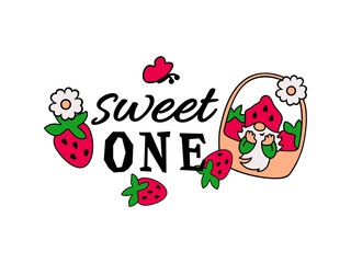 Sweet One lettering and strawberry gnome in a basket. Vector illustration.