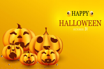 Happy Halloween with yellow background and pumpkin on side.