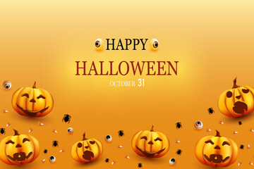 Happy Halloween with pumpkin, spider and candy backgrounds below.