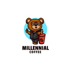 Vector Logo Illustration Coffee Bear Mascot Cartoon Style.