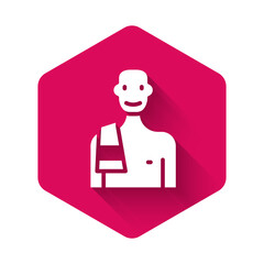 White Man in the sauna icon isolated with long shadow background. Pink hexagon button. Vector