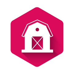 White Farm house icon isolated with long shadow background. Pink hexagon button. Vector