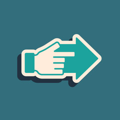 Green Hand with pointing finger with arrow icon isolated on green background. Business vision and target. Concept business finance, character, leader. Long shadow style. Vector