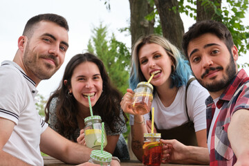 Group of happy friends smiling and taking a selfie while drinking refreshing drinks in a park having picnic on a sunny summer day.