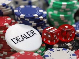 dealer chip with red dices on stacked poker chips, close up