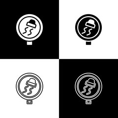 Set Slippery road traffic warning icon isolated on black and white background. Traffic rules and safe driving. Vector