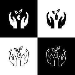 Set Plant in hand of environmental protection icon isolated on black and white background. Seed and seedling. Planting sapling. Ecology concept. Vector