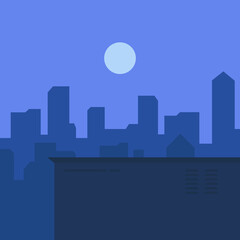 Naklejka premium Simple mini city silhouette illustration. Blue city silhouette with moon. Square sized city silhouette with moon.