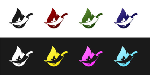 Set Hot chili pepper pod icon isolated on black and white background. Design for grocery, culinary products, seasoning and spice package, cooking book. Vector