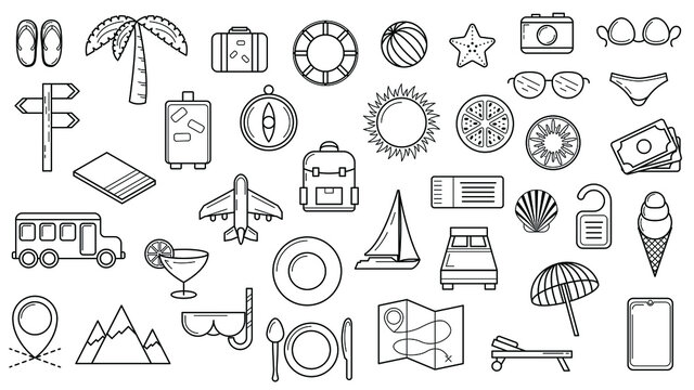 Set Abstract Doodle Elements Hand Drawn Collection Travel Tourism Sketch Vector Design Style Background Summer Sun Compass Camera Plane Glasses Ticket Illustration Icons