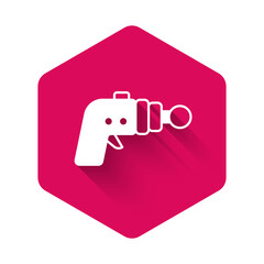 White Ray gun icon isolated with long shadow background. Laser weapon. Space blaster. Pink hexagon button. Vector