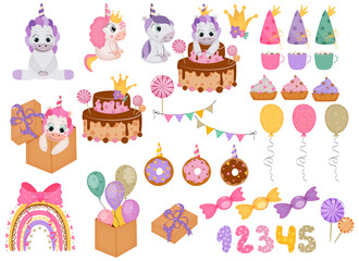Fototapeta premium Unicorn birthday set in cartoon style. Kids vector illustration.