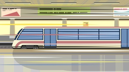 High-speed train at the metro station. Suburban and urban underground transport. Blue. Railway with a locomotive. Illustration. Flat style design. Vector