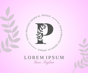 Feminine Letter P Logo with Nature Leaves Texture Design Logo Icon. Creative Beauty Alphabetical Beauty Nature Logo Template.
