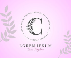 Feminine Letter C Logo with Nature Leaves Texture Design Logo Icon. Creative Beauty Alphabetical Beauty Nature Logo Template.