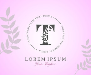 Feminine Letter T Logo with Nature Leaves Texture Design Logo Icon. Creative Beauty Alphabetical Beauty Nature Logo Template.