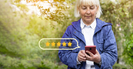 Star rating concept. Customer reviews. Woman leave feedback and comments.