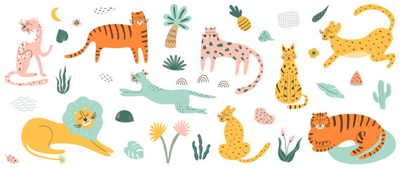 Wild cat set. Safri animals collection. Tiger, lion, leopard, jaguar African feline animals tropical palm