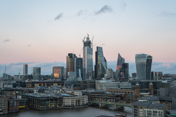 London financial buildings landscape at sunset