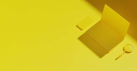 Yellow laptop tecnology finding Concept. Background Landing main page.