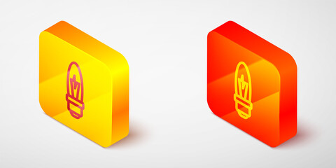 Isometric line Light bulb with concept of idea icon isolated on grey background. Energy and idea symbol. Inspiration concept. Yellow and orange square button. Vector