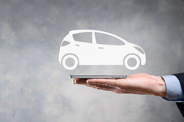 Digital composite of Man holding car icon.Car automobile insurance and car services concept....