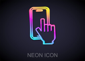 Glowing neon line Phone repair service icon isolated on black background. Adjusting, service, setting, maintenance, repair, fixing. Vector