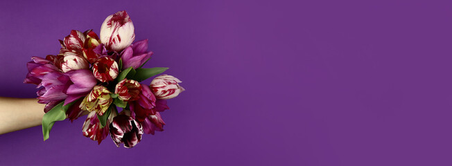 Naklejka premium Hand with a bouquet of beautiful flowers on a purple background. Horizontal banner